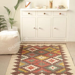 Handwoven Wool Jute Kilim Rug: Bohemian Flatweave Area Rug