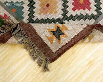 Handmade Wool Jute Kilim Rug, Indian Dhurrie, Custom Size