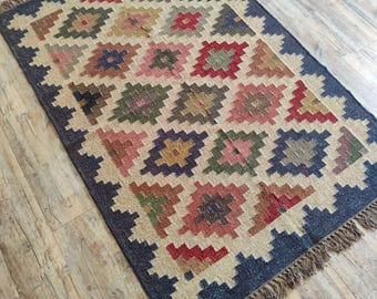 Handwoven Jute Kilim Rug, Geometric Boho Decor, Living Room Carpet