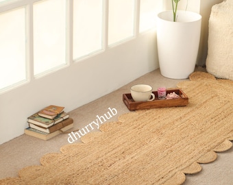 White Scallop Jute Runner Rug: Bohemian Scalloped Border