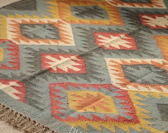 Handwoven Wool Jute Kilim Rug, Bohemian Tribal Design