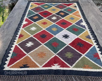 Tappeto Kilim di lana e iuta intrecciato a mano, tradizionale tappeto Dhurrie