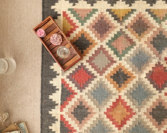 Handwoven Wool Jute Kilim Rug, Bohemian Dhurrie Rug