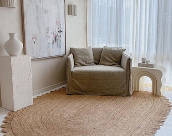 Handwoven Oval Jute Rug: Scalloped Bohemian Decor
