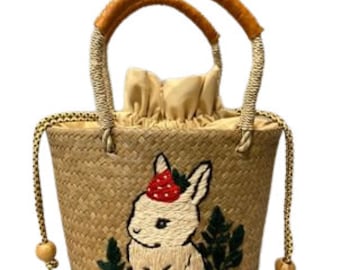 Handmade Embroidered Strawberry Rabbit Bulrush Grass Bucket Tote