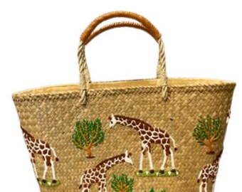 Handmade Embroidered Giraffe Bulrush Grass Bucket Tote