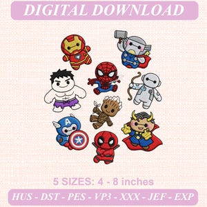Stickmuster „Superhelden“, Chibi-Figuren, verschiedene Größen (Digitaler Download)