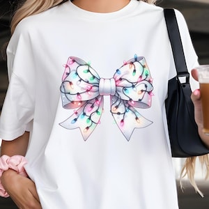 Christmas Light Bow Shirt, Christmas Coquette Bow Shirt, Christmas Shirts for women, Holiday light Bow shirts, Preppy Coquette Christmas