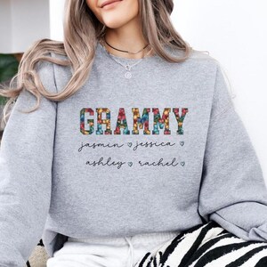 Custom Grammy Sweatshirt with Kid Name on Sleeve, Colorful Flower Sweatshirt, Personalized Grandma Christmas Gift, Grandma Floral Sweatshirt