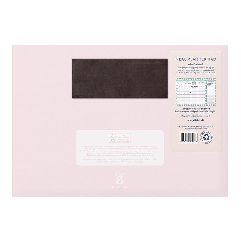 Pu&ograve; includere: Un blocco per la pianificazione dei pasti rosa e bianco con una lavagna magnetica a secco nera. Il blocco ha 52 fogli a strappo e un elenco della spesa perforato. Il testo sul blocco dice "Meal Planner Pad" e "What's clever?"