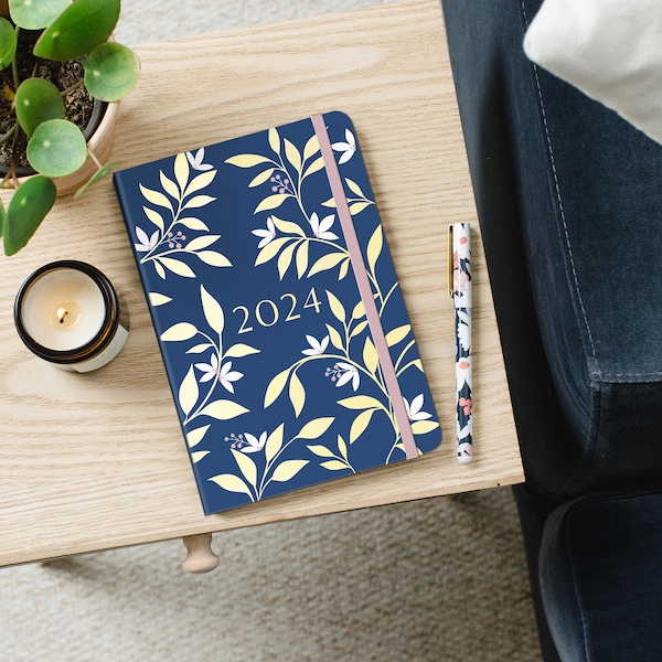 Busy B A5 To Do Diary January to December 2024 - Navy and Gold Floral - Week to View Diary with Notes, Tear-Out Lists & Pockets