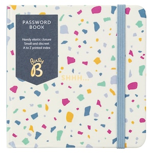May include: A small white notebook with a terrazzo pattern and a blue elastic closure. The cover has the text "PASSWORD BOOK" and "SHHH..." in gold lettering. The notebook also has a blue sticker with the text "Busy B" in gold lettering.