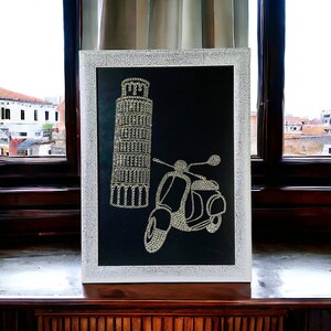 Torre di Pisa con scooter italiani Wall Art Rhinestone Painting - Bling Travel Poster con cristallo - Immagine scintillante