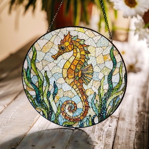 Stained Glass Seahorse Suncatcher Decorative Window Art Gift for Seahorse Lovers