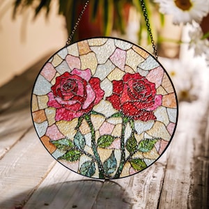 Red Rose Stained Glass Suncatcher for Home Decoration Gift for Her