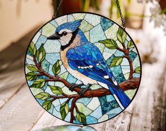 blue jay on tree branch stained glass window hanging bird suncatcher gift for bird lover