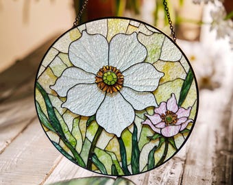 white daisy floral art stained glass suncatcher window hanging gift for mother or flower lover