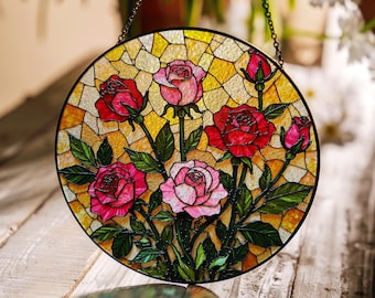 Panel de vitral con forma de rosa roja y redonda, atrapasol floral, decoración para ventana, regalo para madre