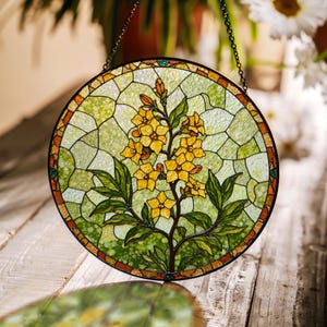 Yellow Floral Stained Glass Suncatcher Window Hanging Gift for Mom