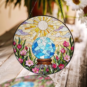 Crystal ball flowers sun stained glass suncatcher window decor gift for mom birthday Easter spiritual lover