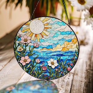 Sun And Flower Meadow Stained Glass Suncatcher Window Decor Gift For Nature Lovers