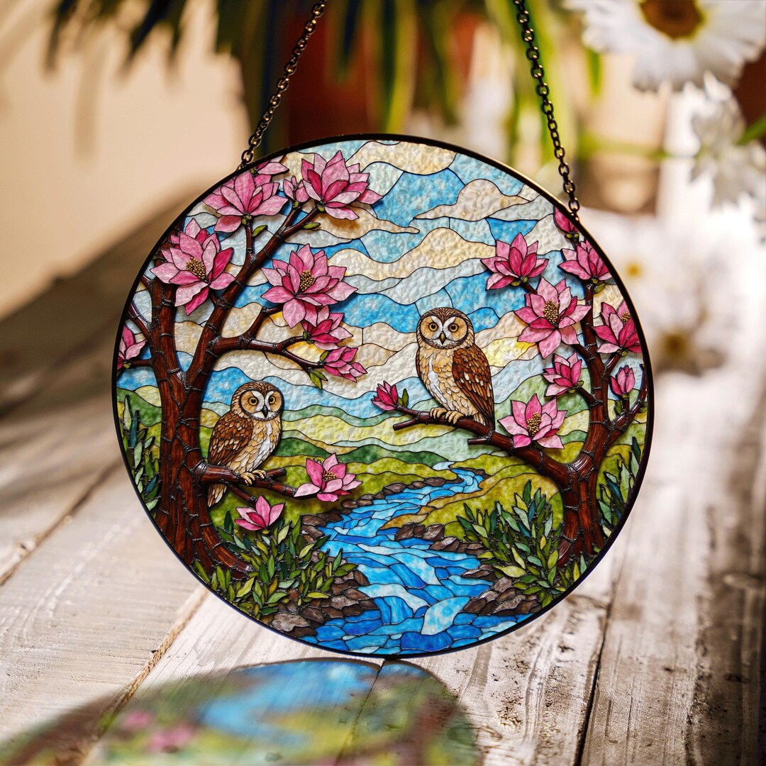 フクロウと花のステンドグラスサンキャッチャー 自然の窓装飾 フクロウ
