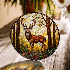 Stained Glass Deer Forest Art Suncatcher Nature Window Decor Gift for Hunter Dad