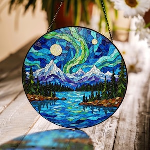 Mountain Lake Aurora Borealis Suncatcher Stained Glass Window Hanging Gift for Nature Lovers Home Decor