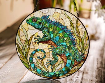 Green Iguana Stained Glass Suncatcher Window Hanging Reptile Lovers Gift Nature Decor