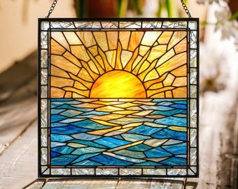 Golden Ocean Sun Stained Glass Window Decor, Blue Water Horizon Suncatcher