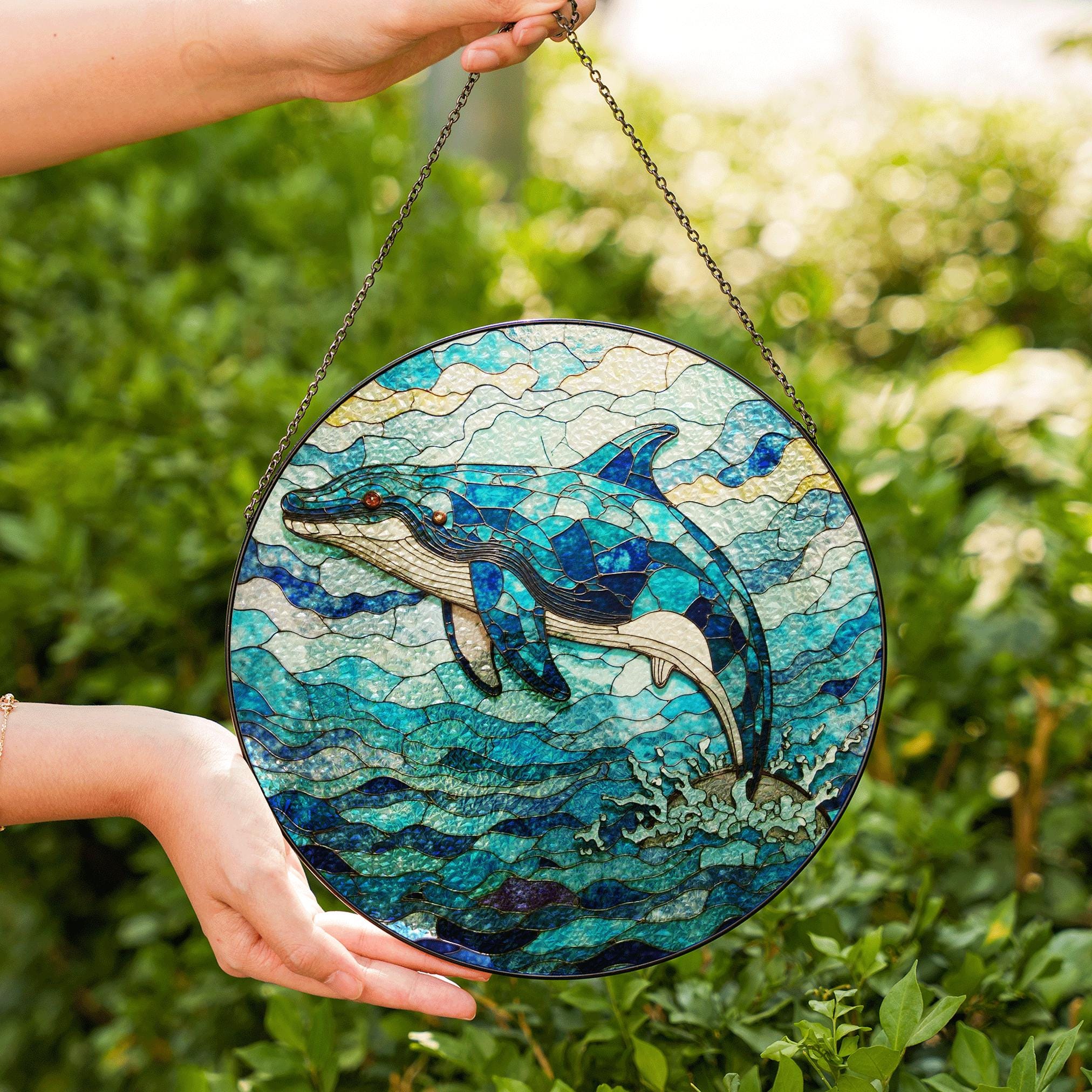 大型 氷山と青い海を泳ぐクジラの親子の群れ ヴィンテージ ステンドグラス 大型 氷山と青い海を泳ぐクジラの親子の群れ ヴィンテージ ステンドグラス