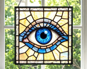 Blue Eye Stained Glass Window Decor, Surreal Watchful Design Suncatcher