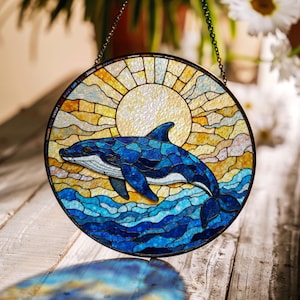 Blue whale stained glass suncatcher ocean art window decor gift for sea lovers Mothers Day or birthday