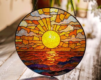 Vibrant sunset ocean stained glass suncatcher window hanging gift for mom birthday or housewarming