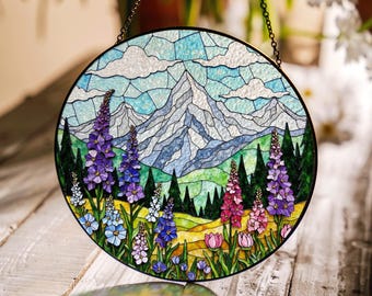 Mountain wildflower meadow suncatcher stained glass window hanging gift for nature lover