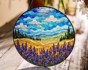 lavender field glass landscape suncatcher with golden meadow and blue sky gift for nature lover
