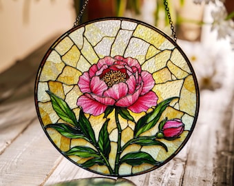 Pink peony floral stained glass suncatcher window hanging art gift for mothers day garden lovers