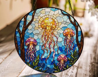 光るクラゲのステンドグラスサンキャッチャー、手作りの窓用吊り下げ