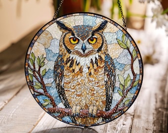 Stained Glass Owl Suncatcher Beautiful Owl Artwork for Window Stunning Stained Glass Design Perfect Gift for Nature Lovers