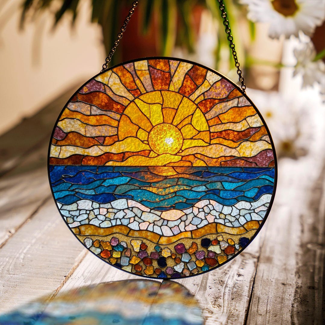 Sunset Beach Stained Glass Suncatcher Handmade Window Decor Gift for ...