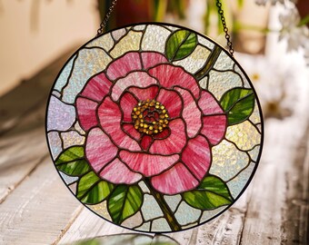 椿の花のステンドグラス、花のステンドグラス、花のサンキャッチャー