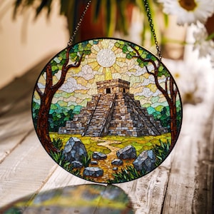 Mayan pyramid ruins jungle suncatcher glass panel window decor ancient gift for history lovers