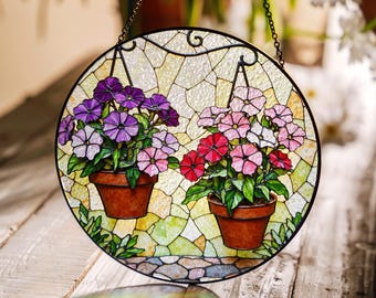 Hanging potted petunias floral glass suncatcher spring garden window decor gift for mothers day