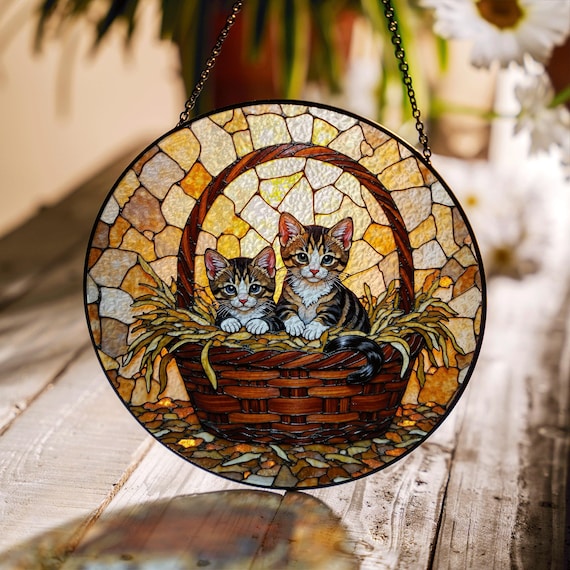 Suncatcher Window Hanging Kittens in a Basket Cute Cat Art Gift