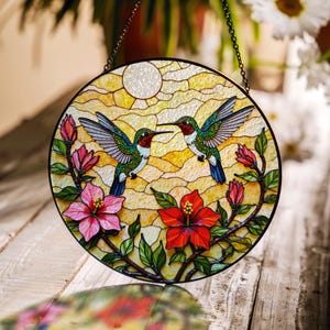 Hummingbirds And Hibiscus Floral Round Stained Glass Suncatcher Gift For Mom