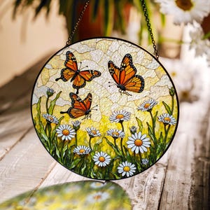 Monarch butterflies and daisies stained glass suncatcher window decor gift for nature lover