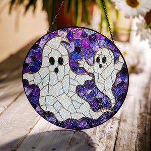 Ghosts Stained Glass Suncatcher Purple Decor Halloween Gift For Kids or Adults