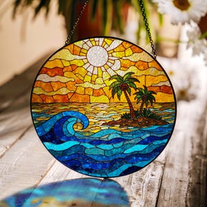 Tropical Island Sunset Suncatcher Ocean Wave Art Glass Window Decor Gift for Beach Lover