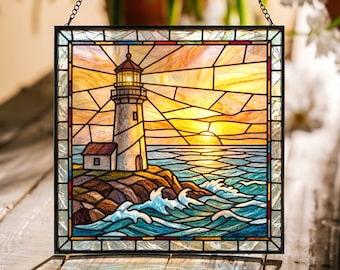 Lighthouse at Sunset Stained Glass Suncatcher, Coastal Waves and Beacon Window Hanging