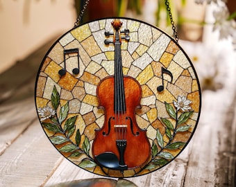 Violin and notes stained glass suncatcher handmade window decor gift for music lover mom